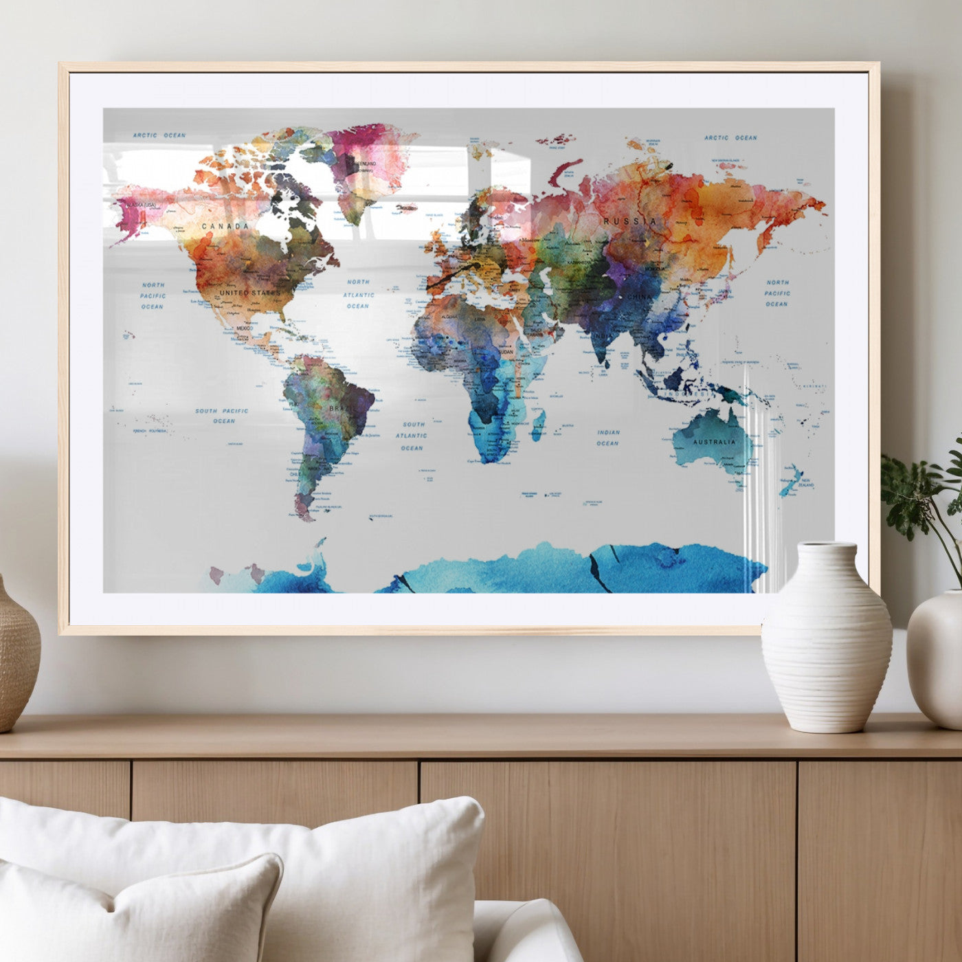 11576-MGC-FP-36x24_Natural-Vibrant Watercolor World Map Canvas Wall Art – Framed Push Pin Travel Map for Home and Office Decor, Modern Colorful Wall Artwork