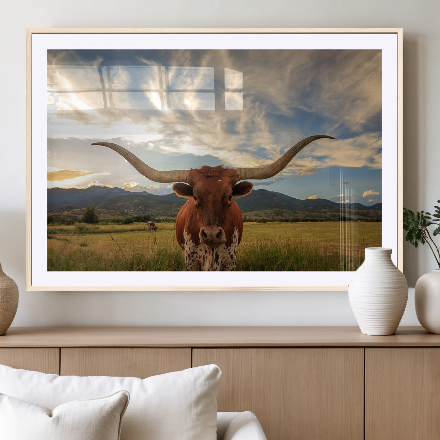 55416-MGC-FP-36x24_Natural-Texas Longhorn Canvas Wall Art – Majestic Triptych Animal Print – Rustic Western Decor for Living