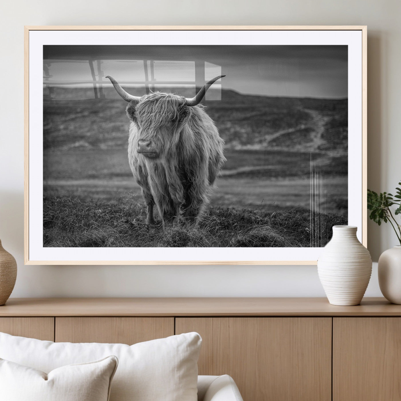 42995-MGC-FP-36x24_Natural-Fluffy Cattle Wall Art Print, Highland Cow Canvas, Framed Black and white Wall Art