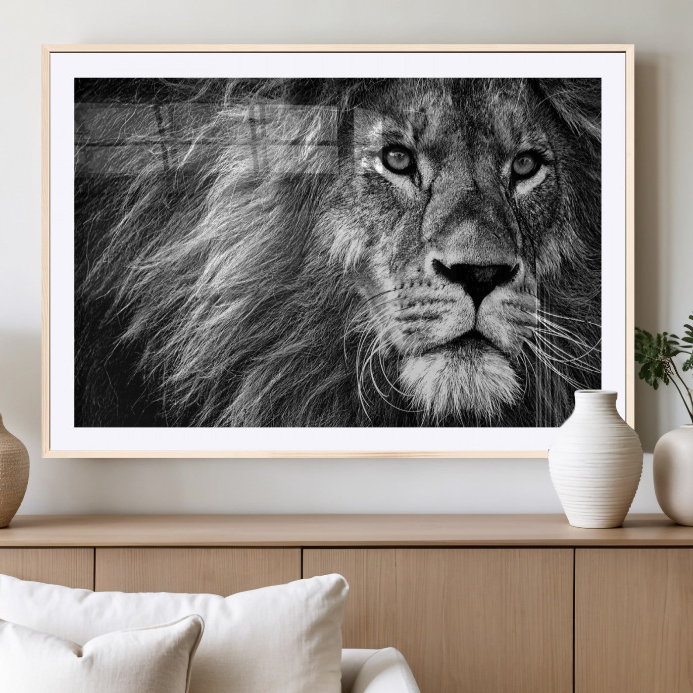 58363-MGC-FP-36x24_Natural-Black and White Lion Canvas Wall Art Print – Wildlife Portrait Artwork for Home, Office, Living Room, Guest Room