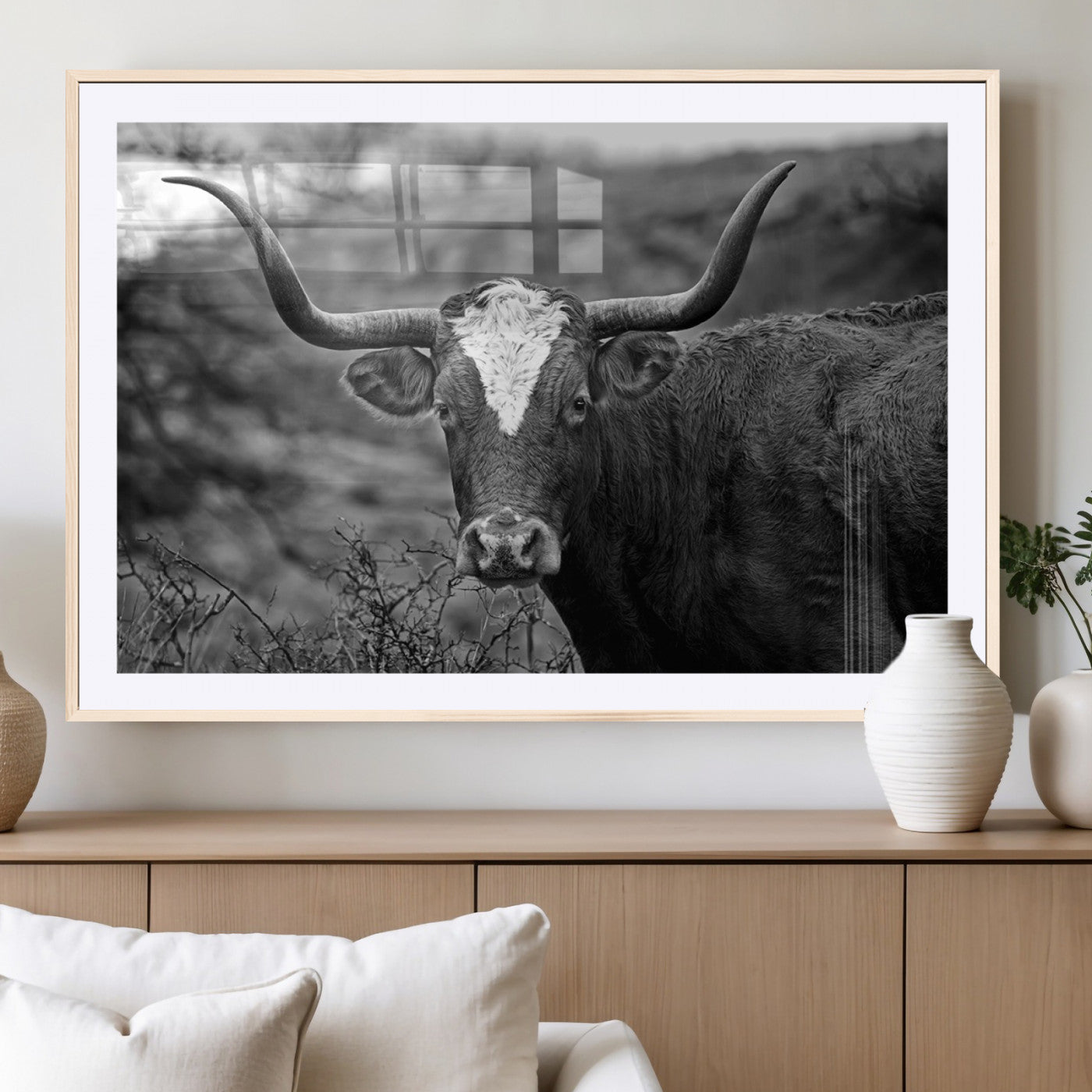 76200-MGC-FP-36x24_Natural-Western Home Wall Art Canvas Print, Framed Texas Longhorn Art Picture Print, Rustic Cow Perfect Rustic Farmhouse Decor Artwork