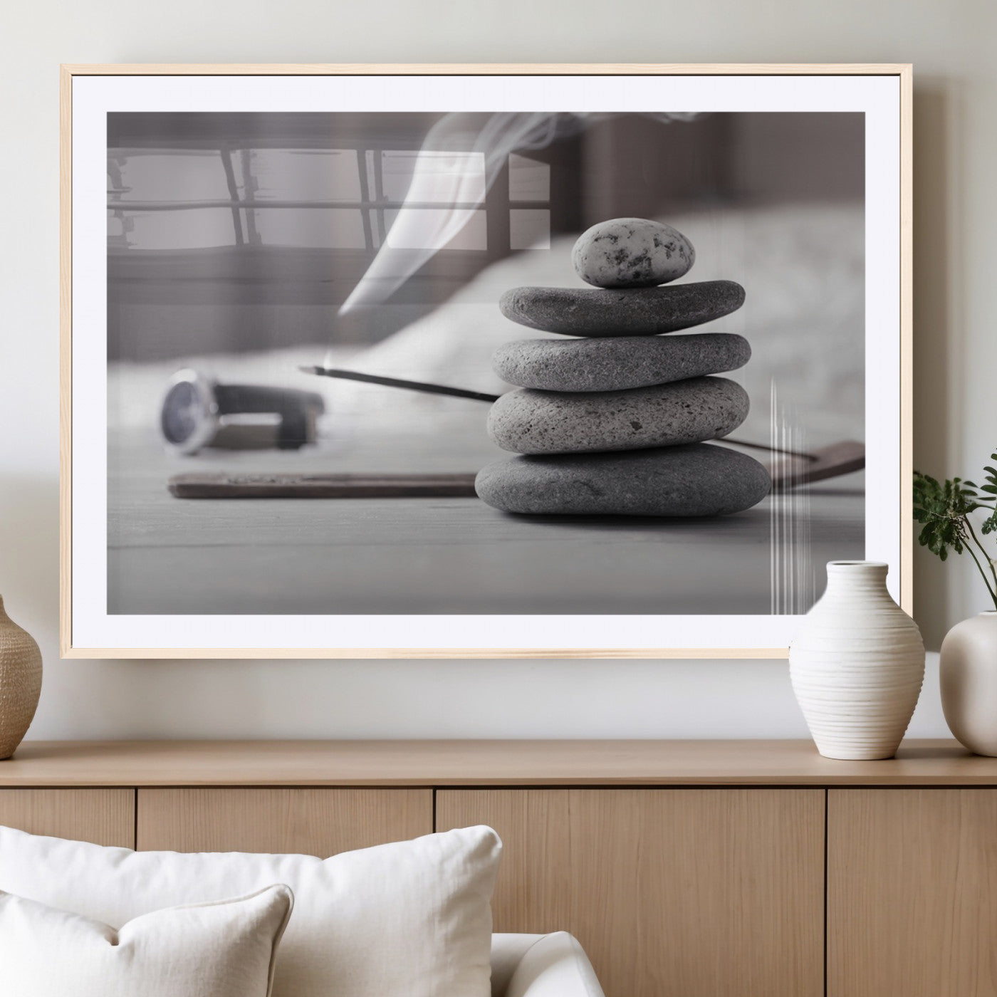 50072-MGC-FP-36x24_Natural-Burning Incense and Zen Stones Buddhism Wall Art, Zen Stones Wall Art Canvas Print