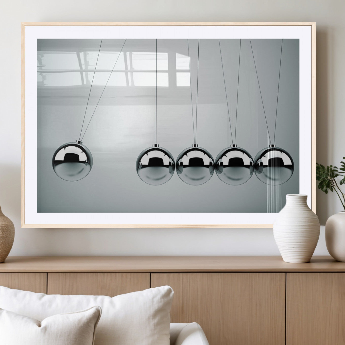 45465-MGC-FP-36x24_Natural-Newton's Cradle Wall Art Canvas Print, Framed Newton Cradle Wall Art
