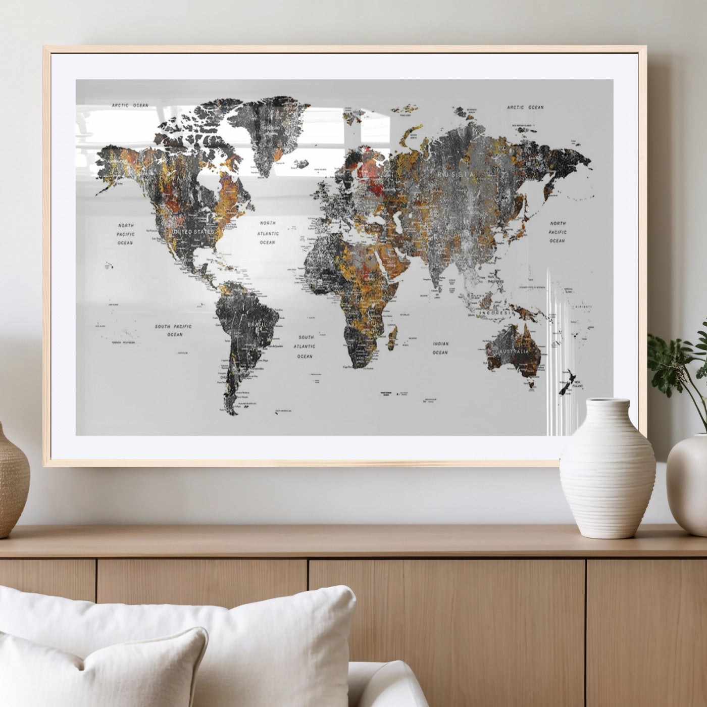 67481-MGC-FP-36x24_Natural-Modern Metallic World Map Canvas Wall Art – Framed Contemporary World Map Print, Stylish Travel Inspired Decor for Home and Office Walls