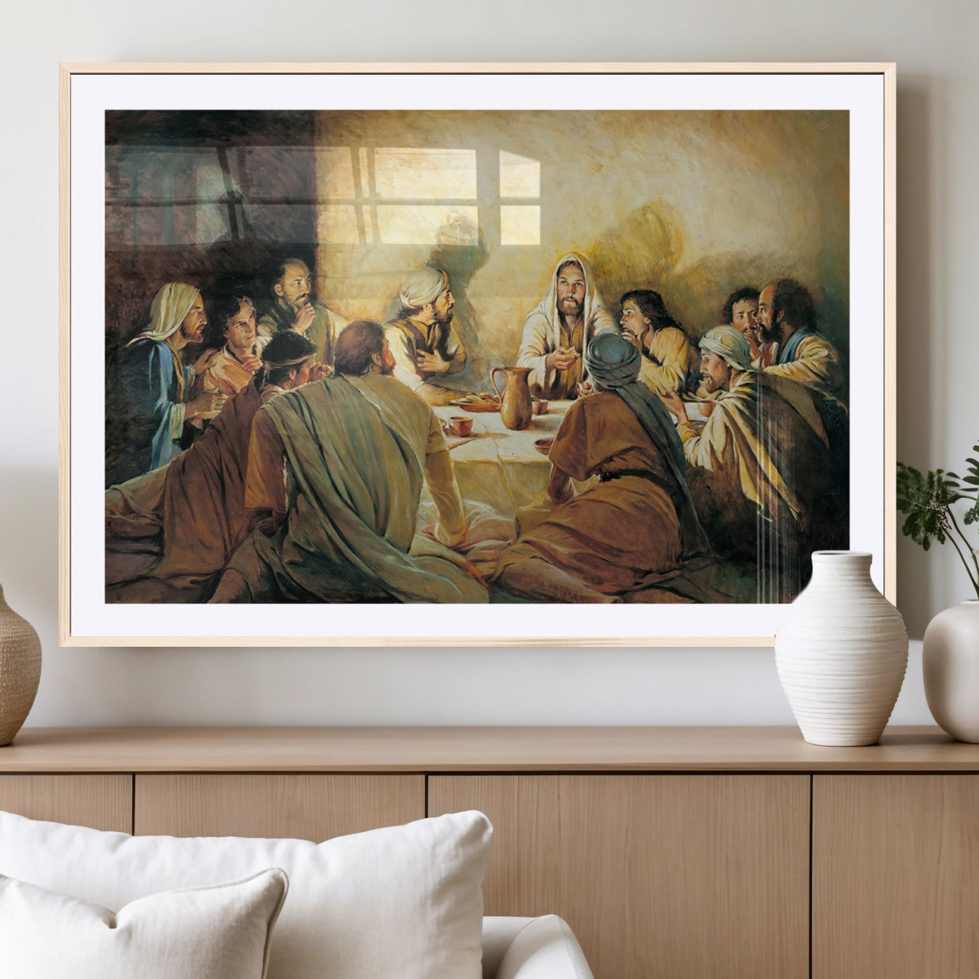 Framed canvas print of the Last Supper, depicting Jesus and his disciples, perfect for religious or Christian-themed home decor.