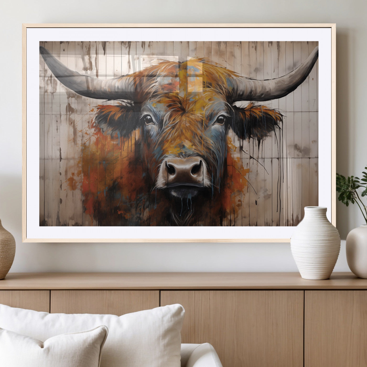 47284-MGC-FP-36x24_Natural-Scottish Highland Cow Cattle Art Print on Wood Style Background