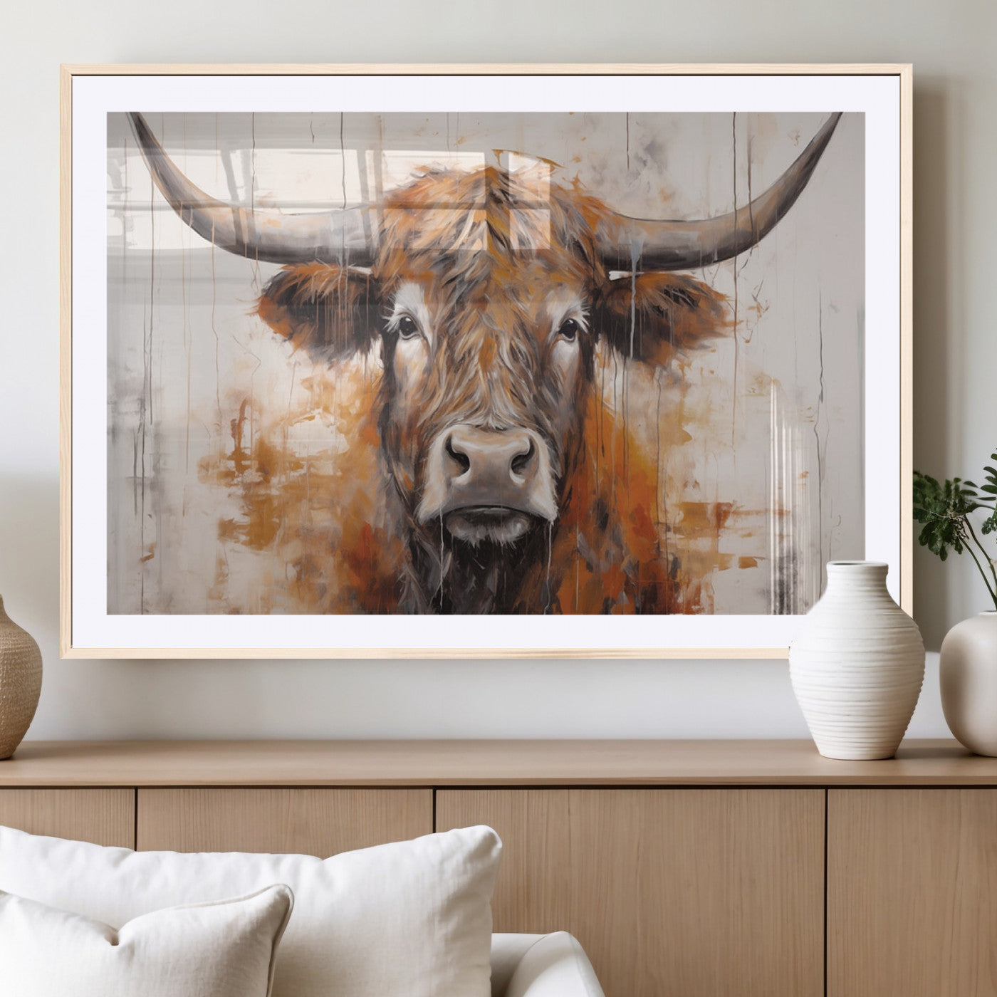 48622-MGC-FP-36x24_Natural-Vintage Scottish Highland Cow Cattle Art, Scottish Highland Cow Wall Art Print, Farmhouse Wall Art