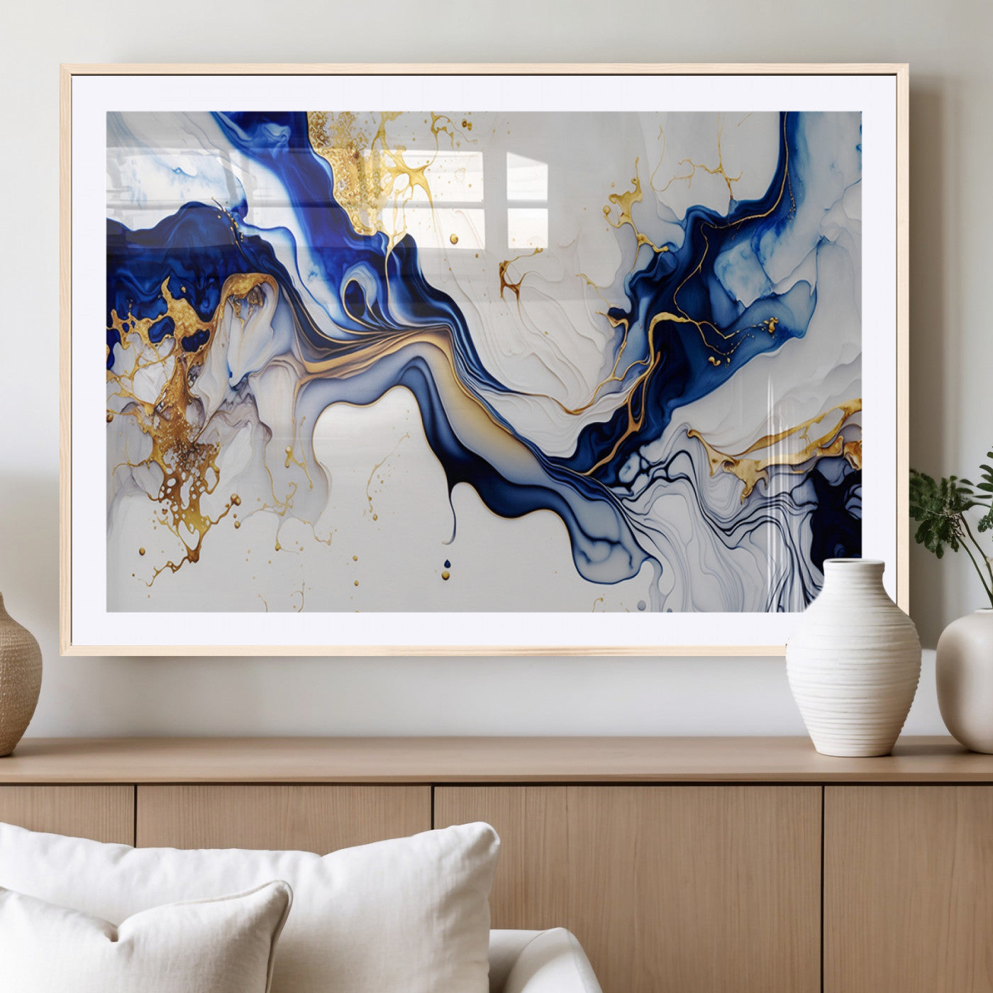 93392-MGC-FP-36x24_Natural-Golden Cascades on Midnight Blue – Deep Blue Abstract Wall Art Flowing Elegance | Wall Art Canvas,