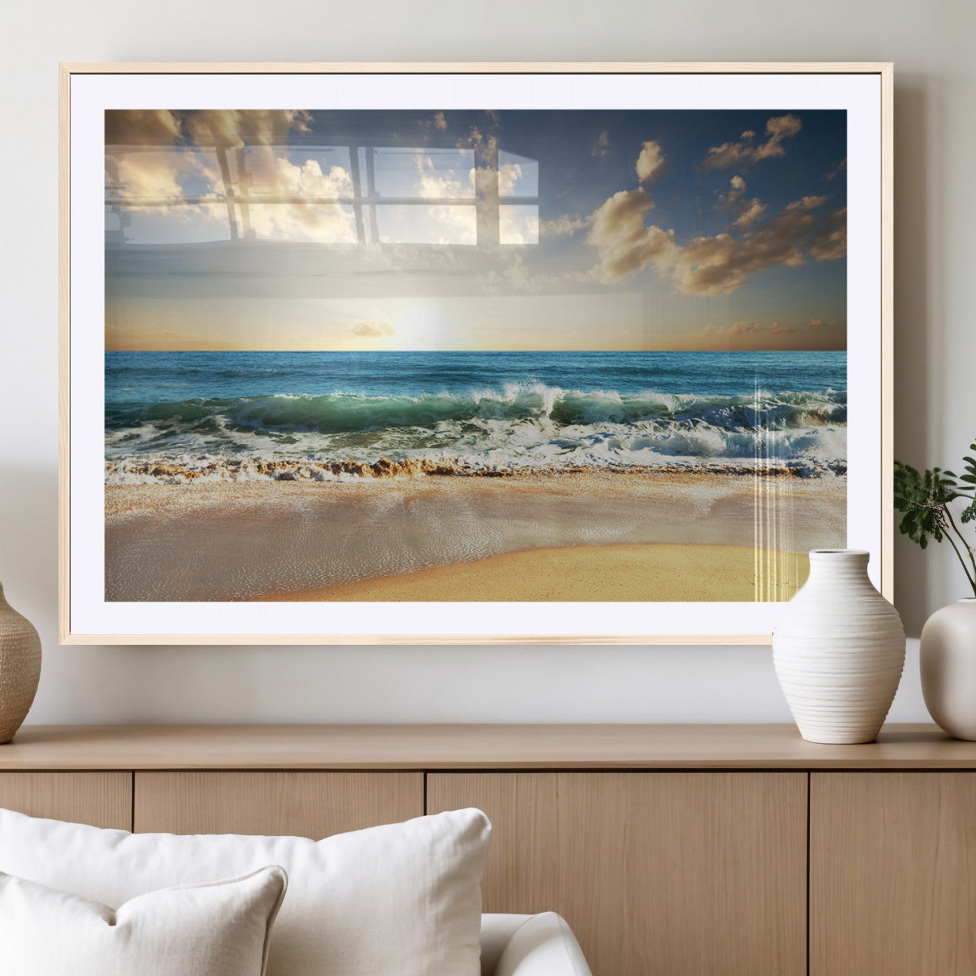83376-MGC-FP-36x24_Natural-Golden Sunset Beach Triptych Canvas Wall Art for Living Room – 3-Panel Ocean View, Framed & Ready to