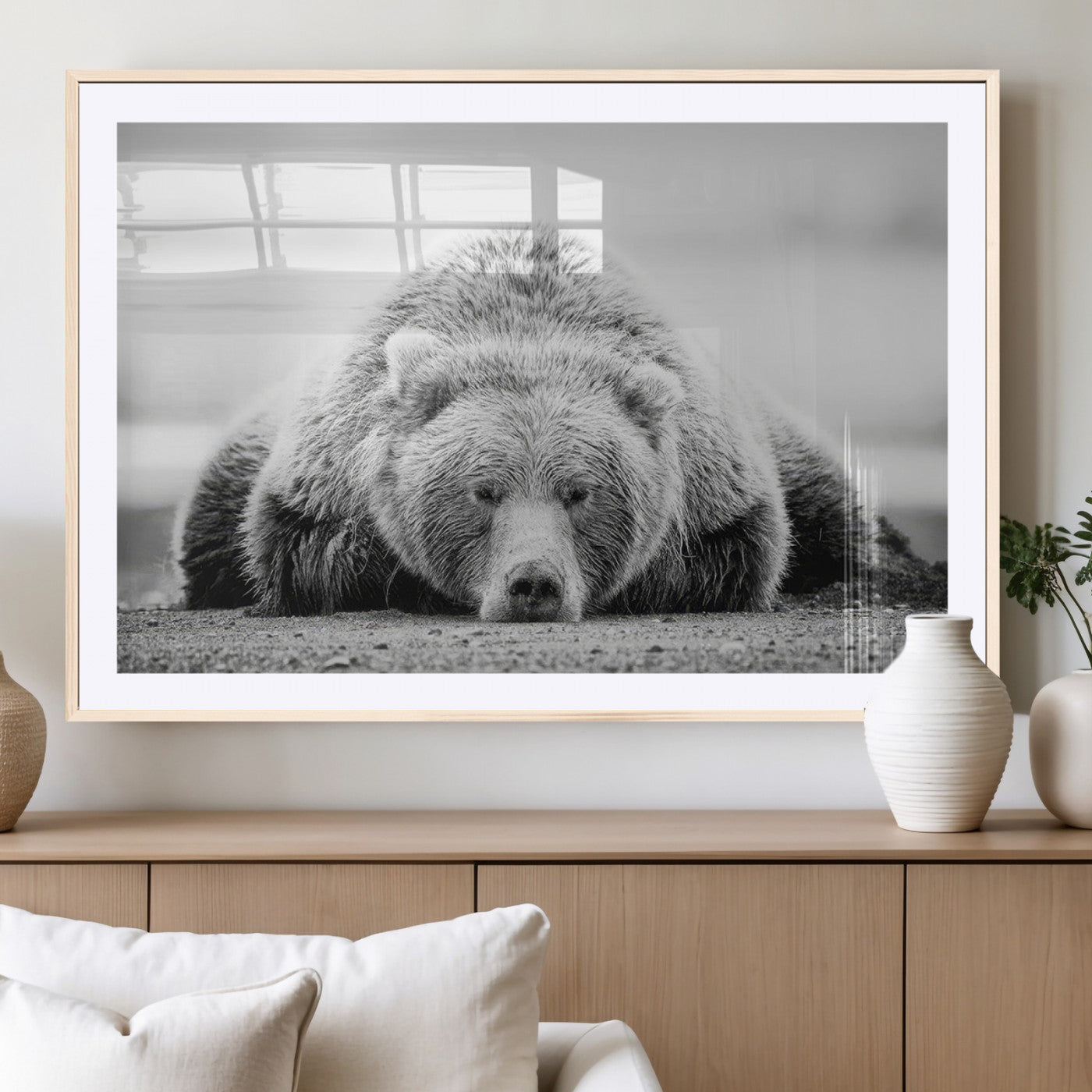 72905-MGC-FP-36x24_Natural-Resting Grizzly Bear Wall Art Canvas Print – Majestic Lazy Black and White Wildlife Bear Art,
