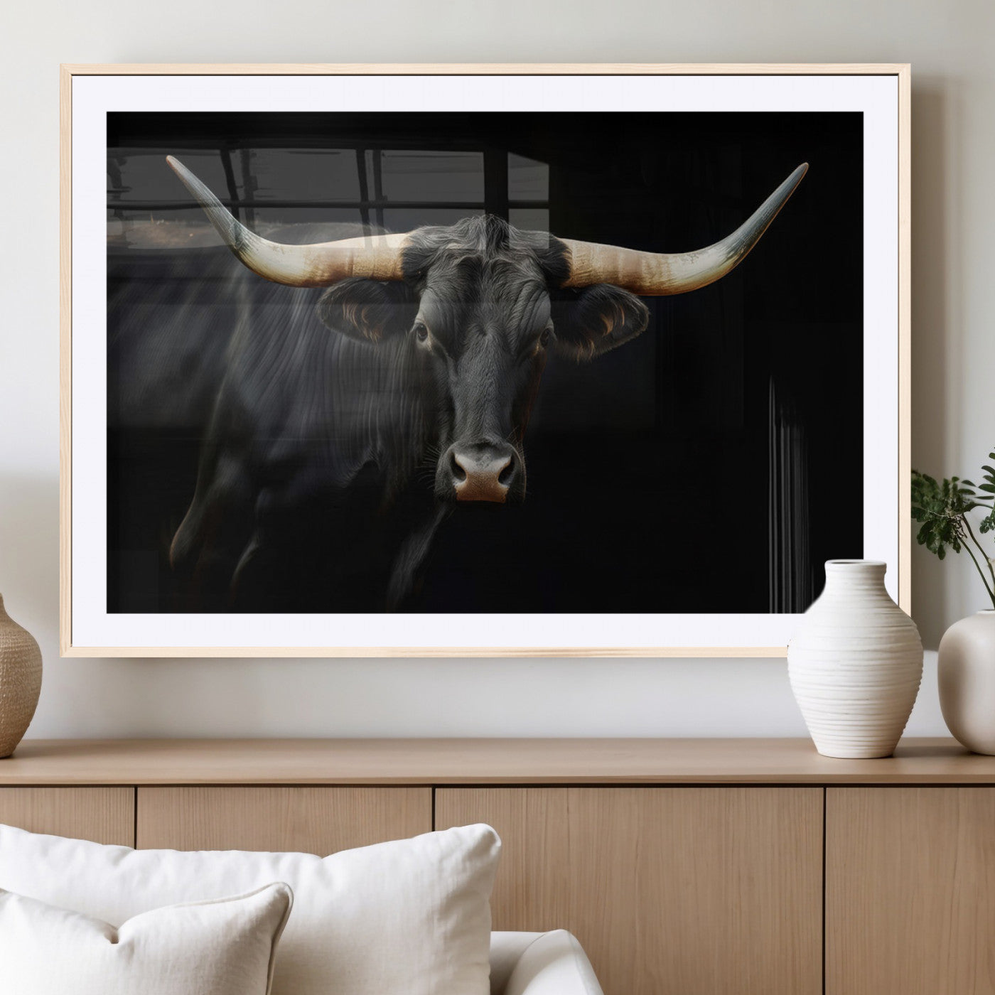 -Black Bull Wall Art – Majestic Longhorn Canvas Print with Dark Background, Rustic Western Farmhouse Decor for Living Room or Office