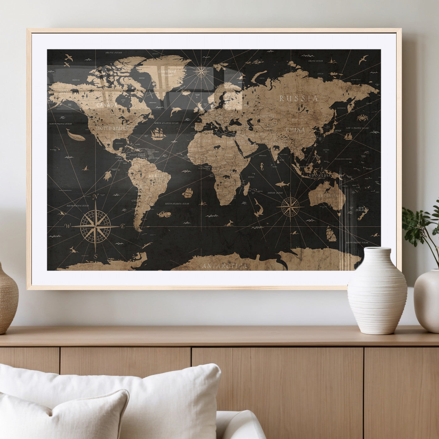 61023-MGV-CV-36X24-Vintage Push Pin World Map Canvas Print – Framed Travel Tracker Wall Art, Rustic Adventure Map Gift for Home or Office Decor