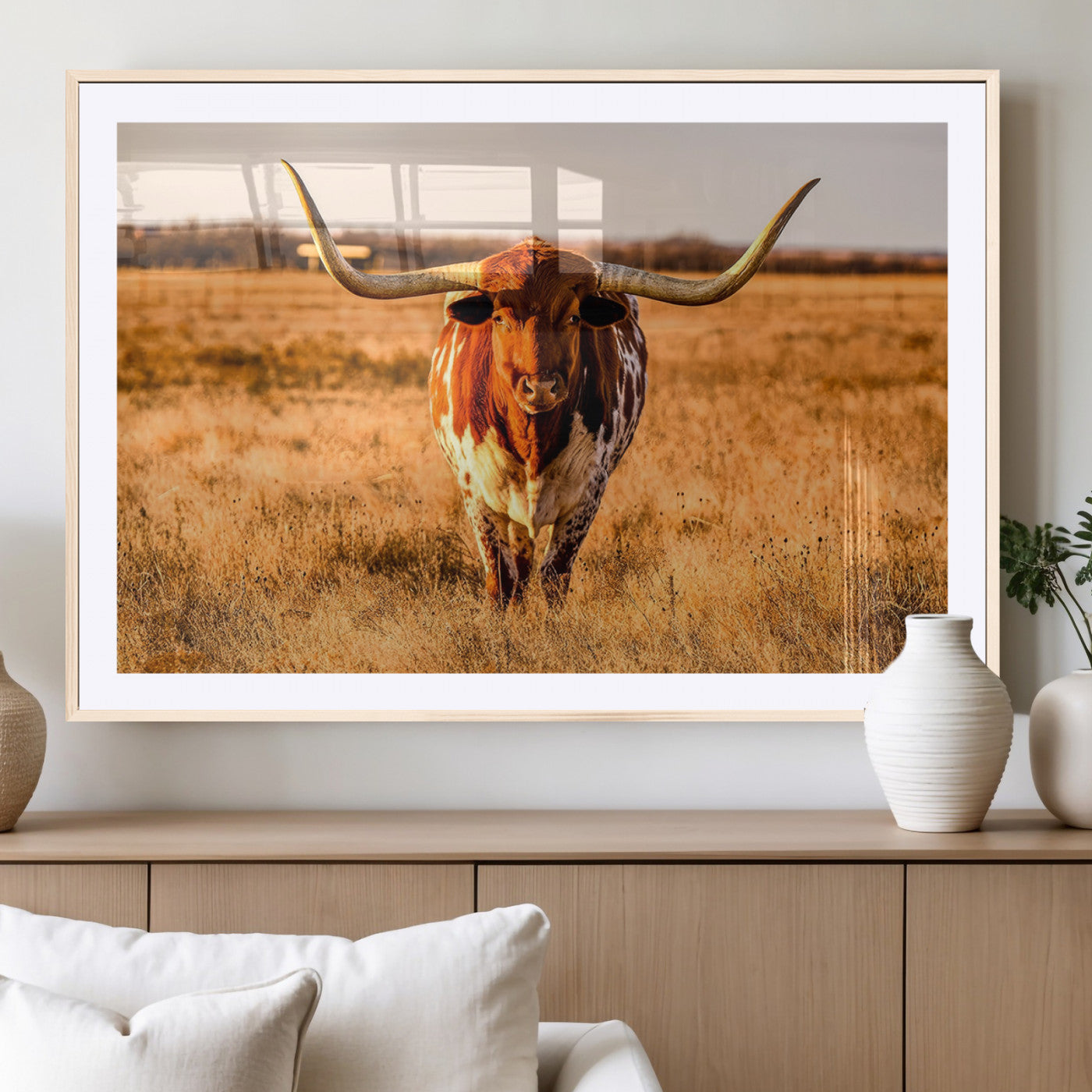 57874-MGC-FP-36x24_Natural-Longhorn Cow Wall Art | Ready to Hang Framed Canvas Print for Farmhouse and Barn Decor