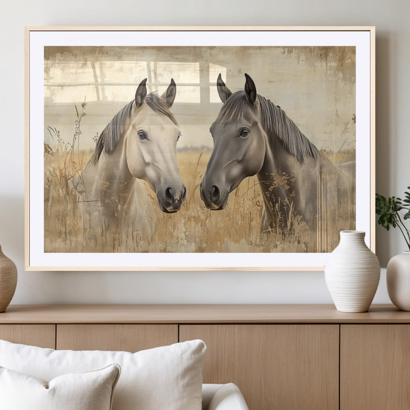 41082-MGC-FP-36x24_Natural-Chines Ink Style Grunge Horses Wall Art Canvas Print