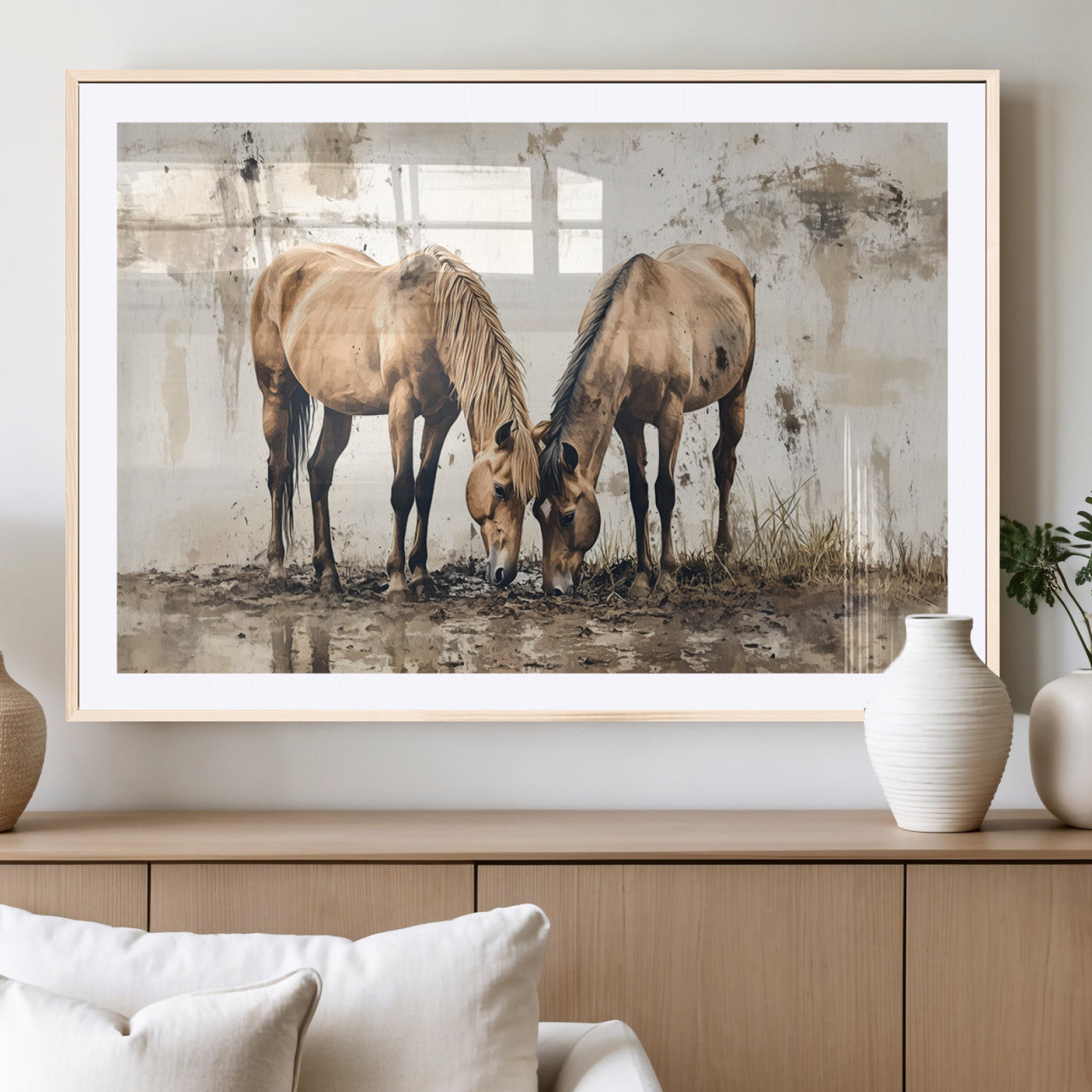44742-MGC-FP-36x24_Natural-Vintage Horses Wall Art | Ready to Hang and Framed Triptych | Western Farmhouse Wall Decor for