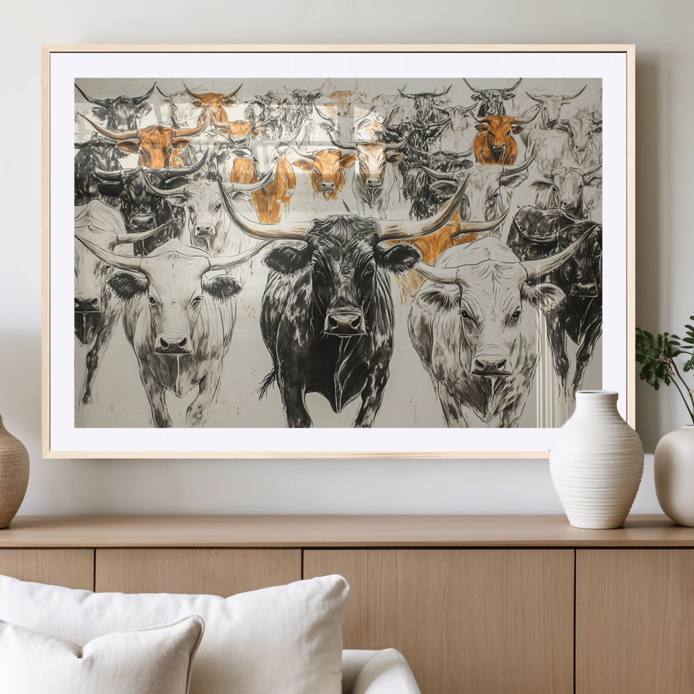 79794-MGC-FP-36x24_Natural-Farmhouse Wall Art | Western Longhorn Cattle Canvas Print | Ready to Hang and Framed Barn Decor