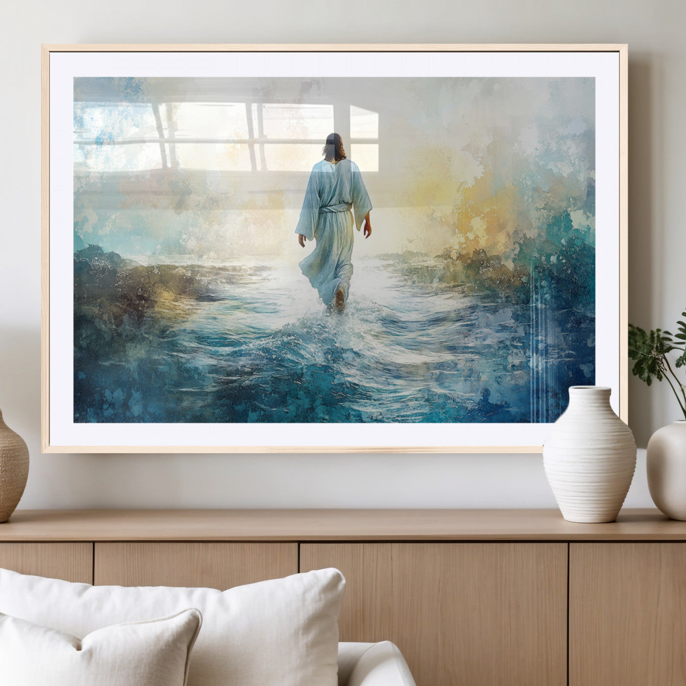 60634-MGC-FP-36x24_Natural-Watercolor Jesus Walking on Water Canvas Print, Christian Wall Art, Jesus Christ Walking