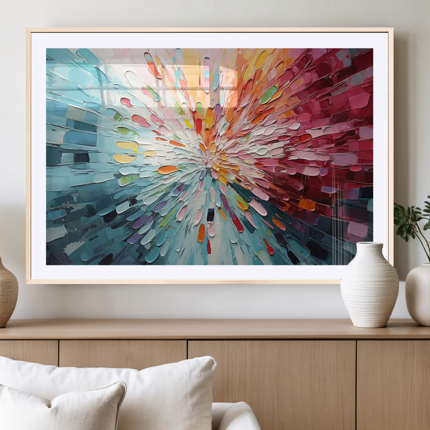 47065-MGC-FP-36x24_Natural-Radiant Bloom Abstract Floral Wall Art Canvas Print - Colorful Burst - Modern Living Room Decor -