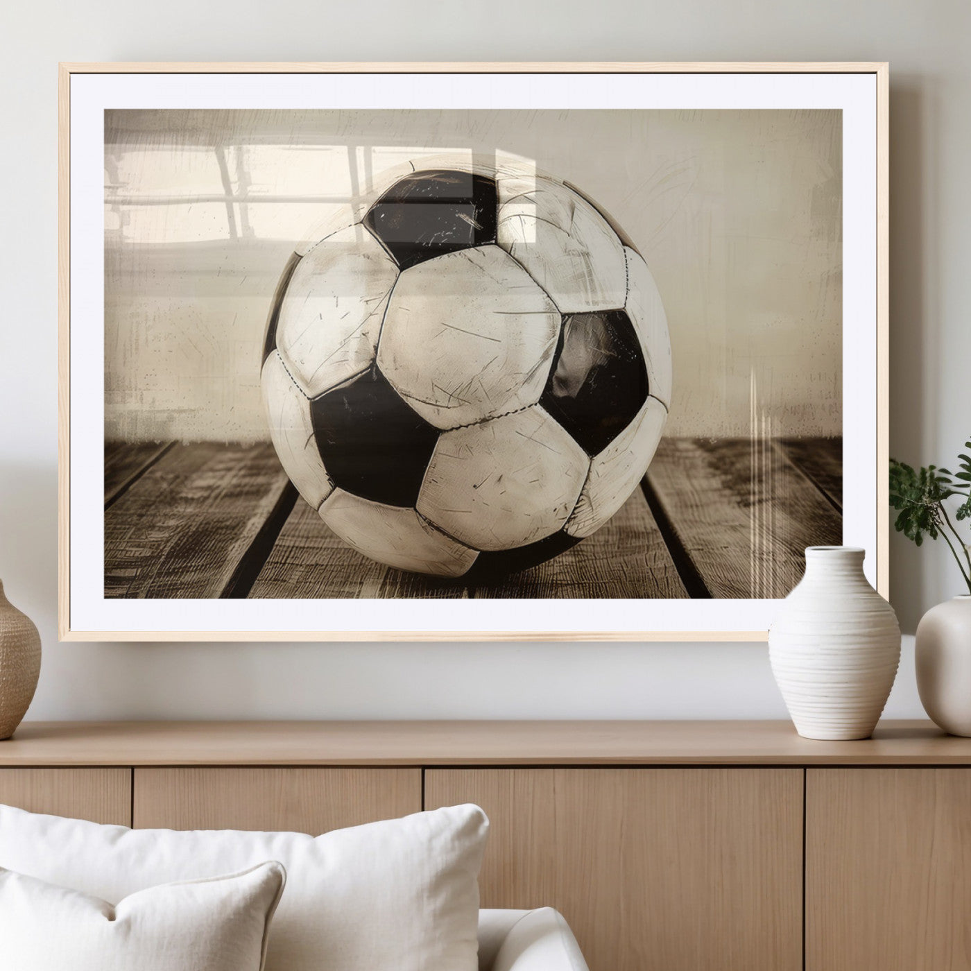 24319-MGC-FP-36x24_Natural-Vintage Soccer Ball Wall Decor Canvas Art – 3-Panel Soccer Wall Decor, Framed and Ready to Hang