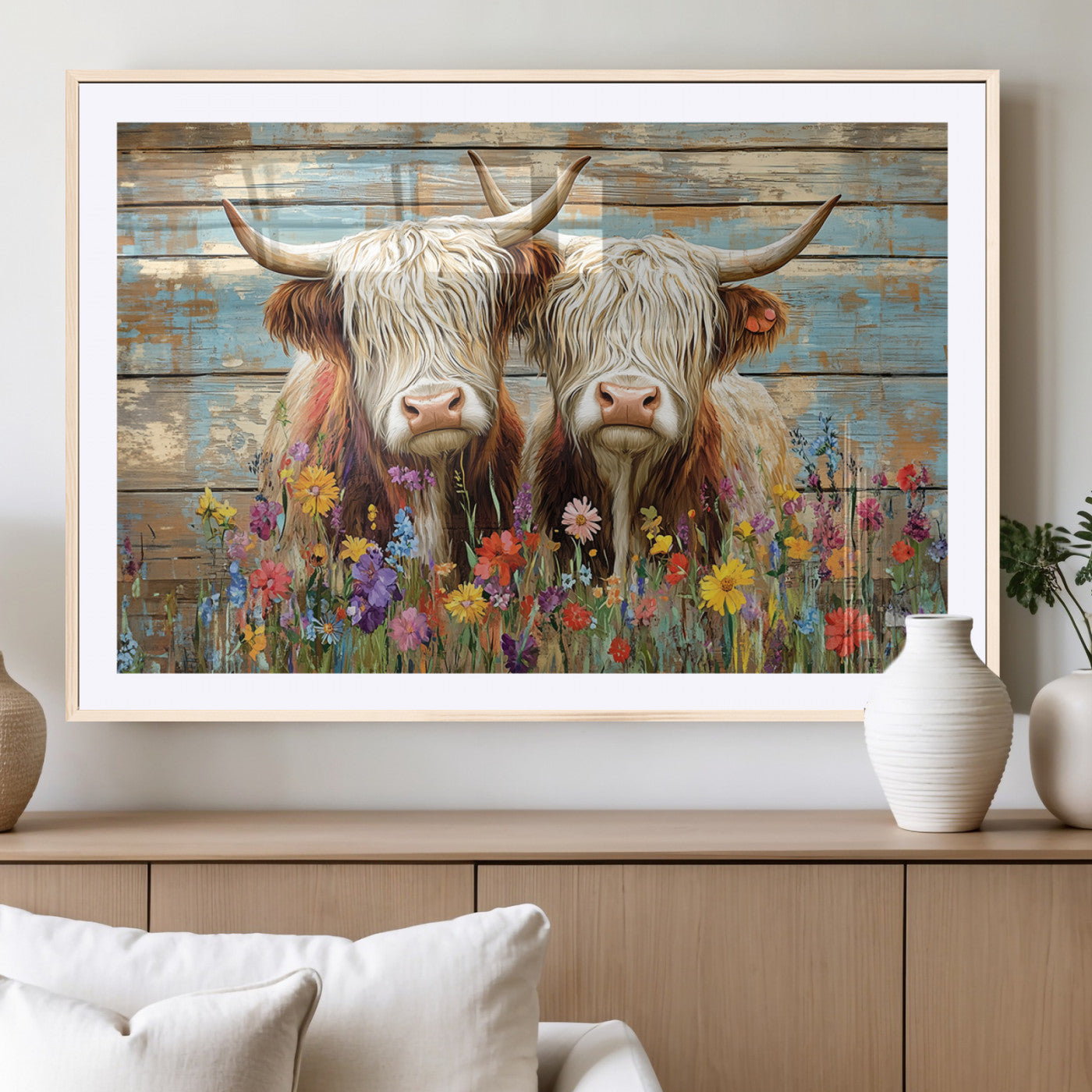 36972-MGC-FP-36x24_Natural-Cute Highland Cow Canvas Wall Art - Rustic Farmhouse Decor with Colorful Flowers Perfect Wall Art