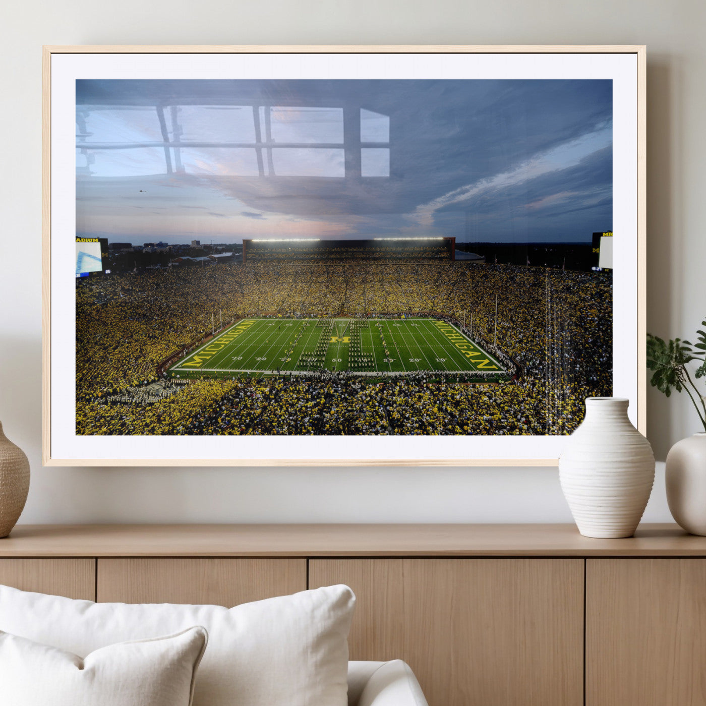82641-MGV-CV-36X24-Michigan Stadium Wall Art Canvas Print – Framed Football Field Scene with Marching Band Artwork for Home, Office