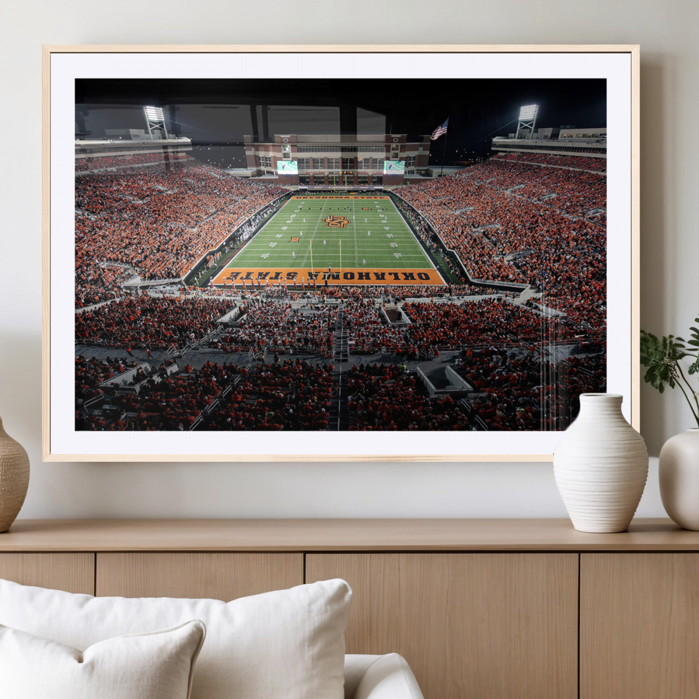 81675-MGC-FP-36x24_Natural-Boone Pickens Stadium Wall Art Oklahoma State Cowboys Print Framed Sports Canvas Art for Home, Office, Living Room