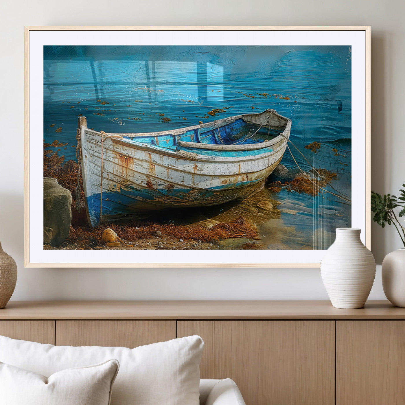 54716-MGC-FP-36x24_Natural-Vintage Boat on Tranquil Waters | Coastal Wall Art for Nautical Decor | Rustic Triptych Canvas Print