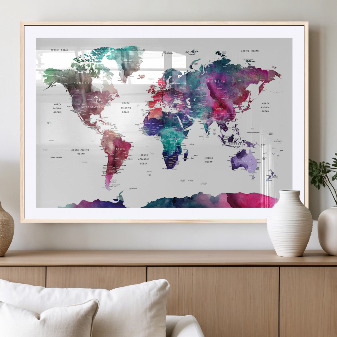 78176-MGC-FP-36x24_Natural-Colorful Watercolor World Map Canvas Wall Art – Framed Modern Map Print, Vibrant Travel Inspired Artwork for Home and Office Decor