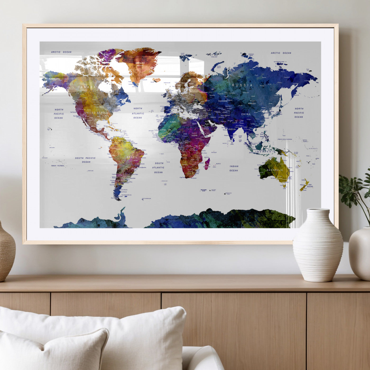 90446-MGC-FP-36x24_Natural-Colorful Watercolor World Map Canvas Wall Art – Framed Modern Push Pin Travel Map for Home and Office Decor