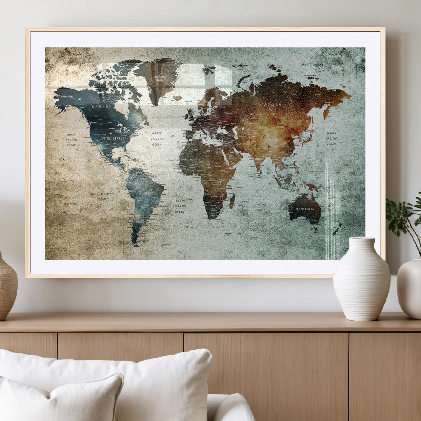 25140-MGV-CV-36X24-World Map Canvas Print – Framed Vintage Style Push Pin Wall Art, Elegant Travel Map Decor for Home or Office