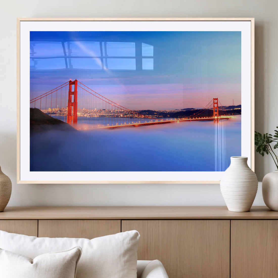 Large San Francisco Wall Art Canvas Print, Framed Golden Gate Bridge in Fog