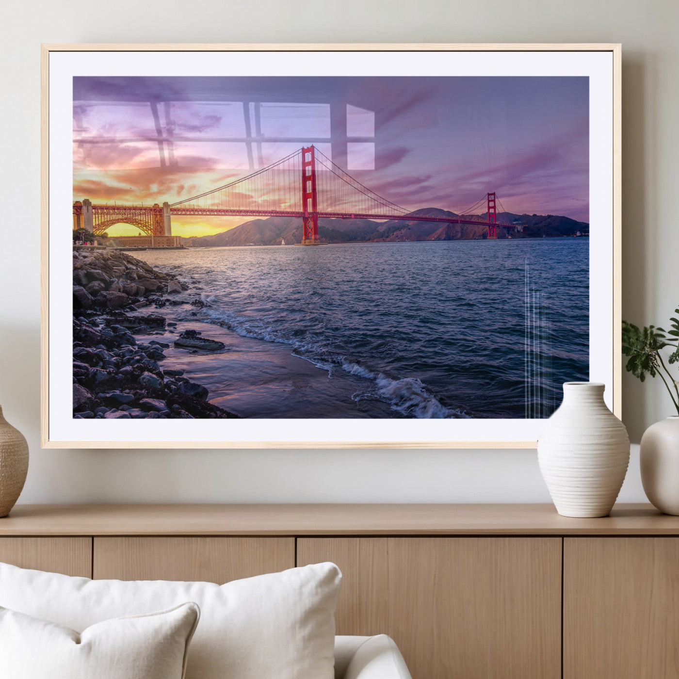 -Golden Gate Bridge Wall Art Canvas Print – Framed San Francisco Sunset Scene with Cityscape Artwork for Home, Office