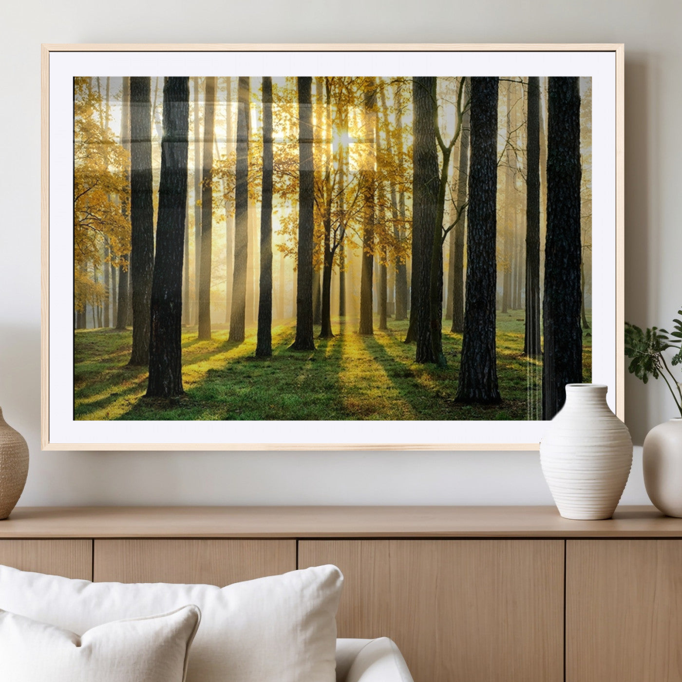 60024-MGC-FP-36x24_Natural-Sunlit Forest Wall Art Canvas Print – Large Framed Woodland Landscape Artwork for Home, Office, Living Room