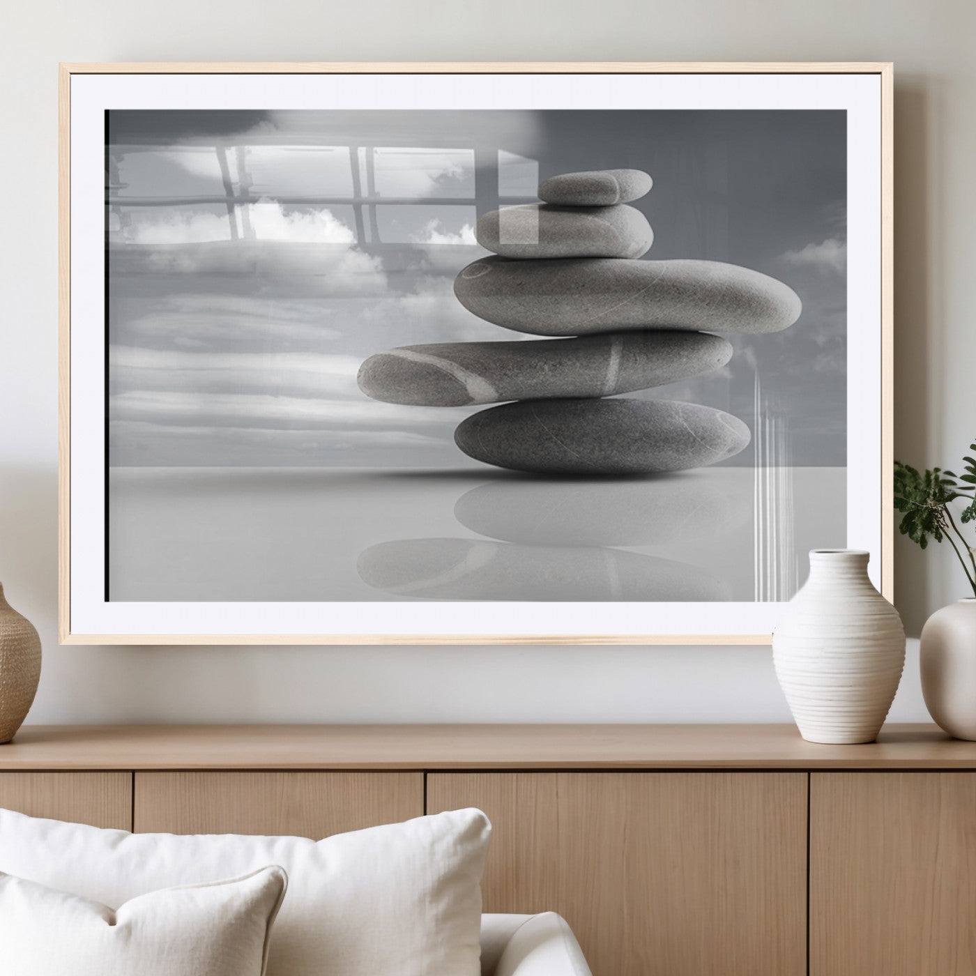14496-MGC-FP-36x24_Natural-Still Life Black and White Zen Stones Wall Art Canvas, Framed Black and White Zen Stones Canvas