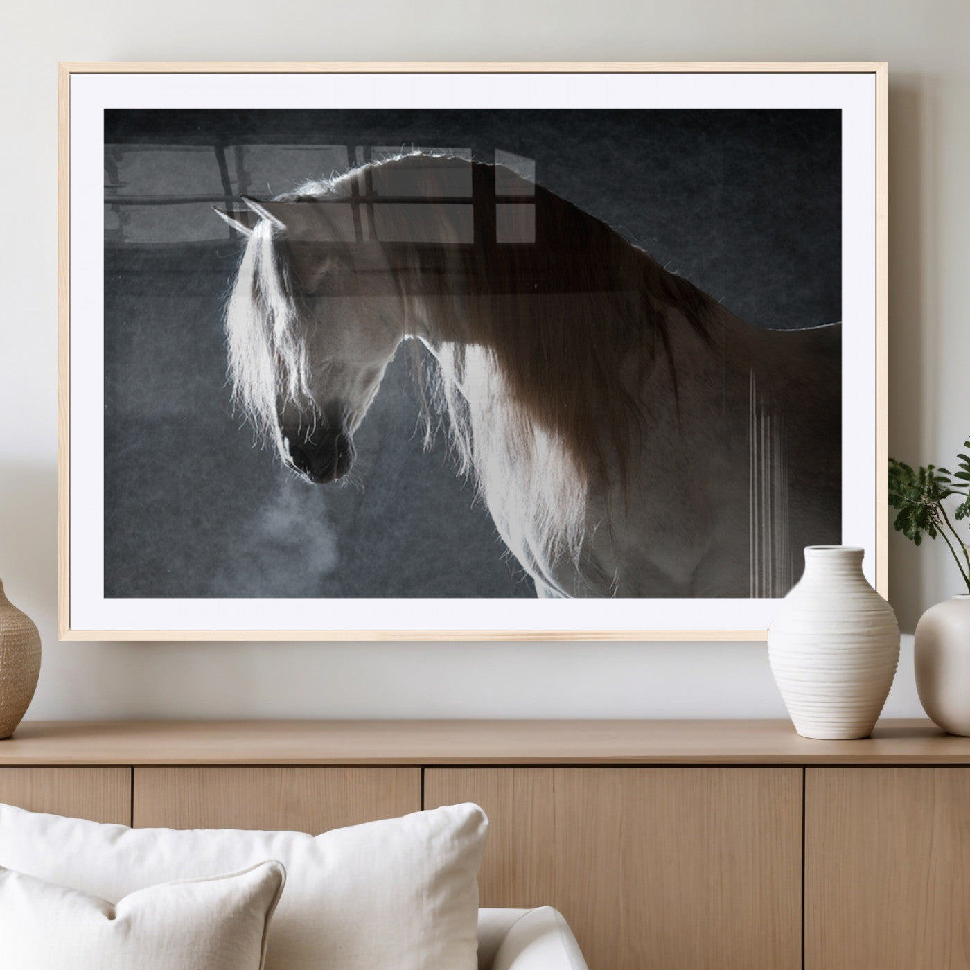 -Large Wall Art Cream Colored Horse on Grey Background Canvas Print