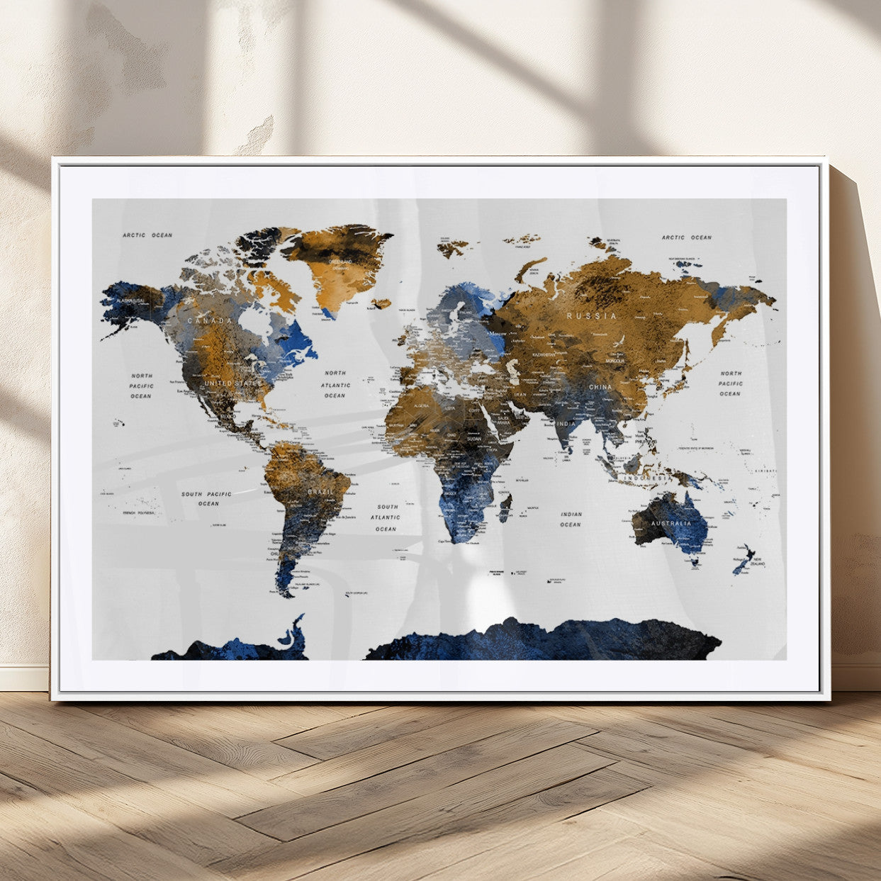 56231-MGC-FP-36x24_White-Navy and Gold World Map Canvas Wall Art – Framed Modern World Map Print, Elegant Travel Inspired Artwork for Home and Office Decor