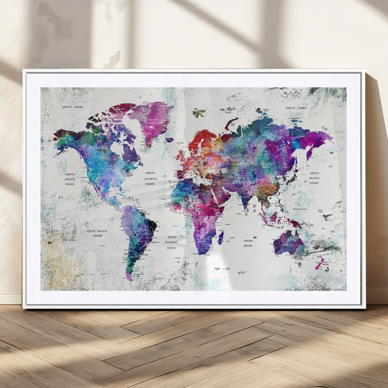 73735-MGC-FP-36x24_White-Push Pin World Map Canvas Print – Framed Travel Map Wall Art for Couples, Anniversary Gift, Modern Home or Office Decor