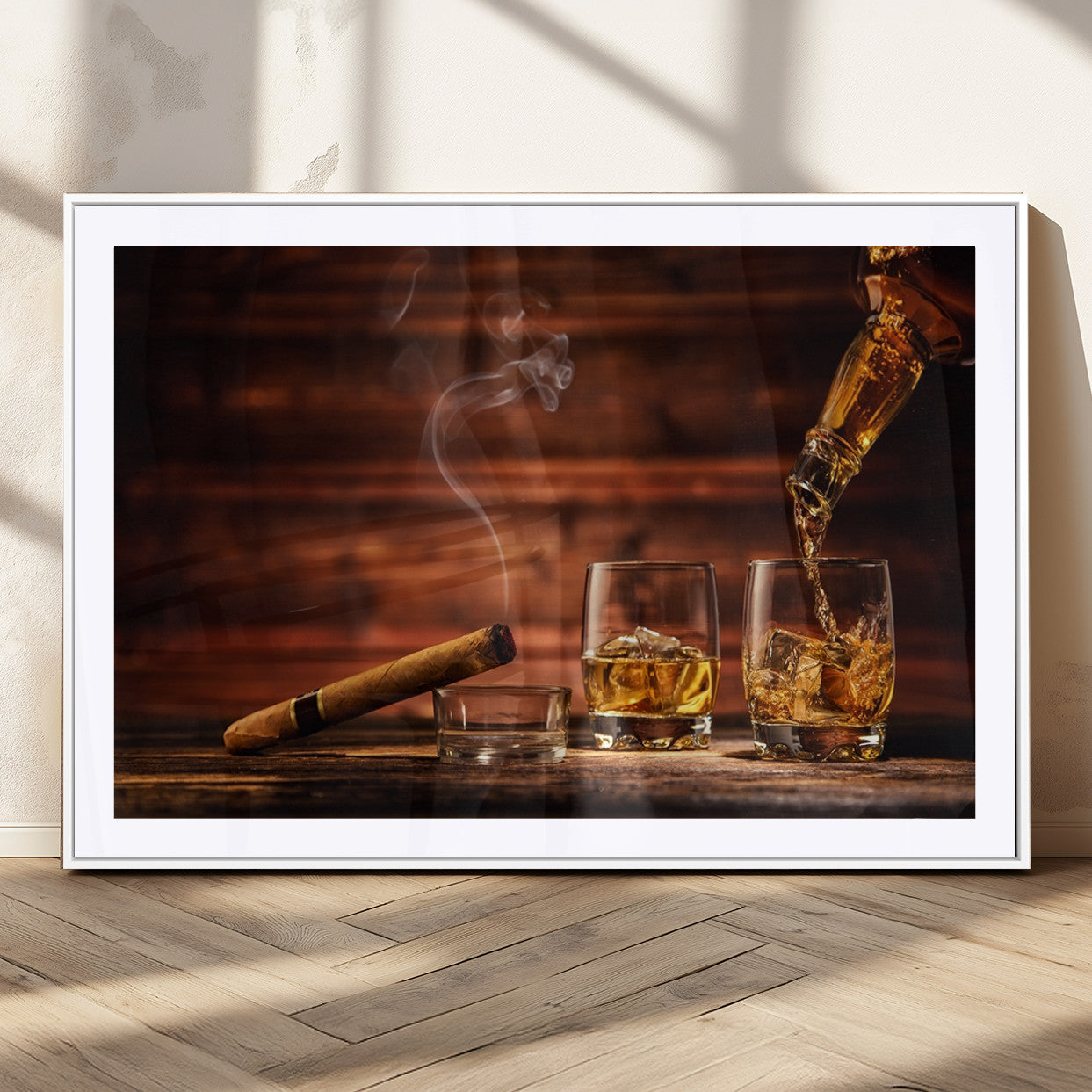 91042-MGC-FP-36x24_White-Whiskey and Cigar Wall Art Canvas | 3 Panel Bar Room Decor for Home Lounge, Office, or Man Cave |