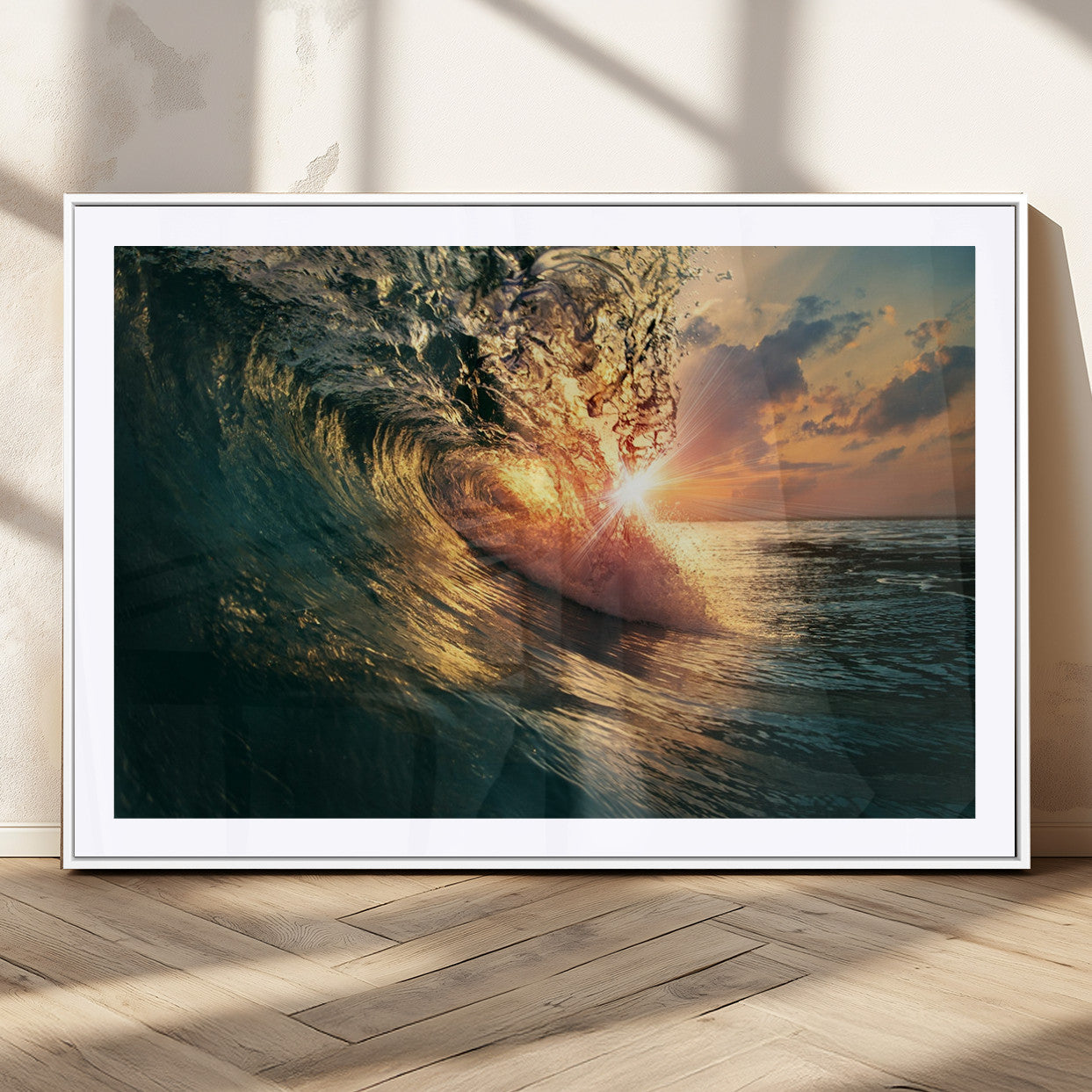 55359-MGC-FP-36x24_White-Ocean Wave Sunset Canvas Wall Art – Triptych Seascape Print – Framed and Ready to Hang for Living