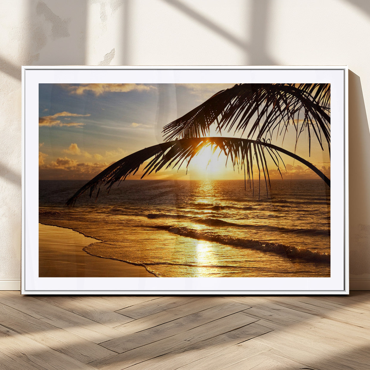 41507-MGC-FP-36x24_White-Golden Tropical Beach Sunset Canvas Triptych, Coastal Palm Tree Wall Art, Ocean Shoreline Giclee