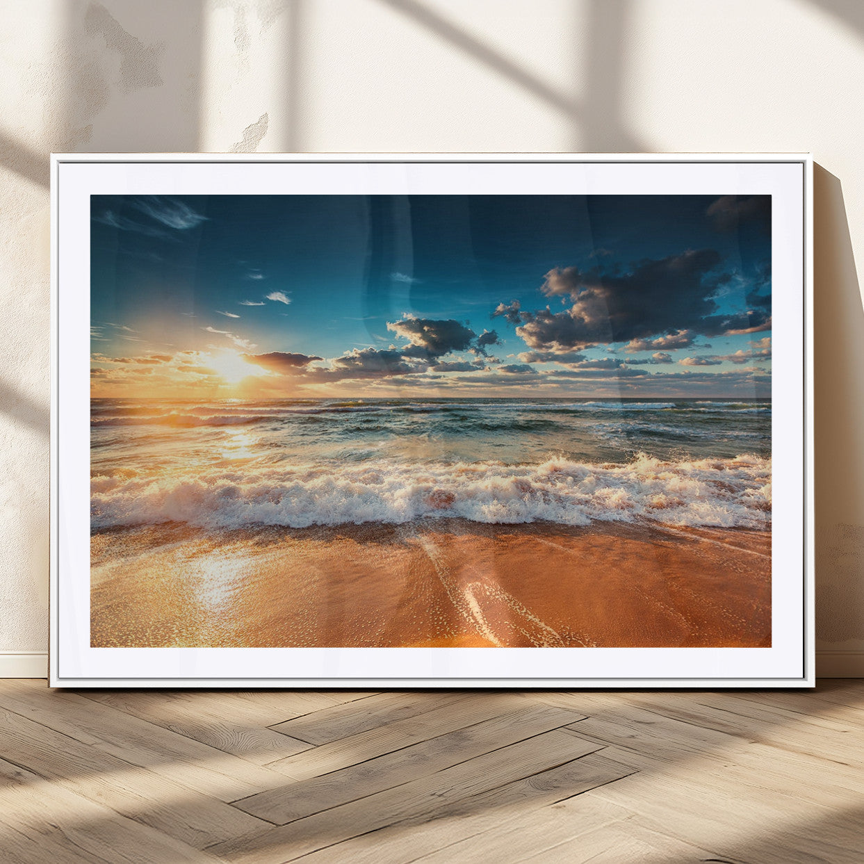 35648-MGC-FP-36x24_White-Golden Sunset Beach Triptych Canvas Art, Giclee Coastal Wall Decor, Ocean Waves Print, Modern Beach