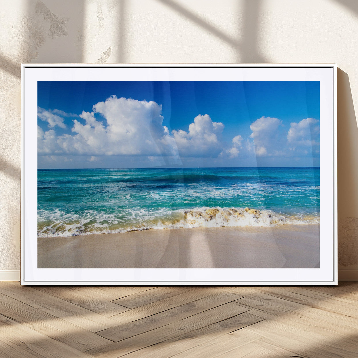 60364-MGC-FP-36x24_White-Tropical Beach 3-Panel Canvas Wall Art – Serene Ocean Waves and Blue Sky Wall Art Print
