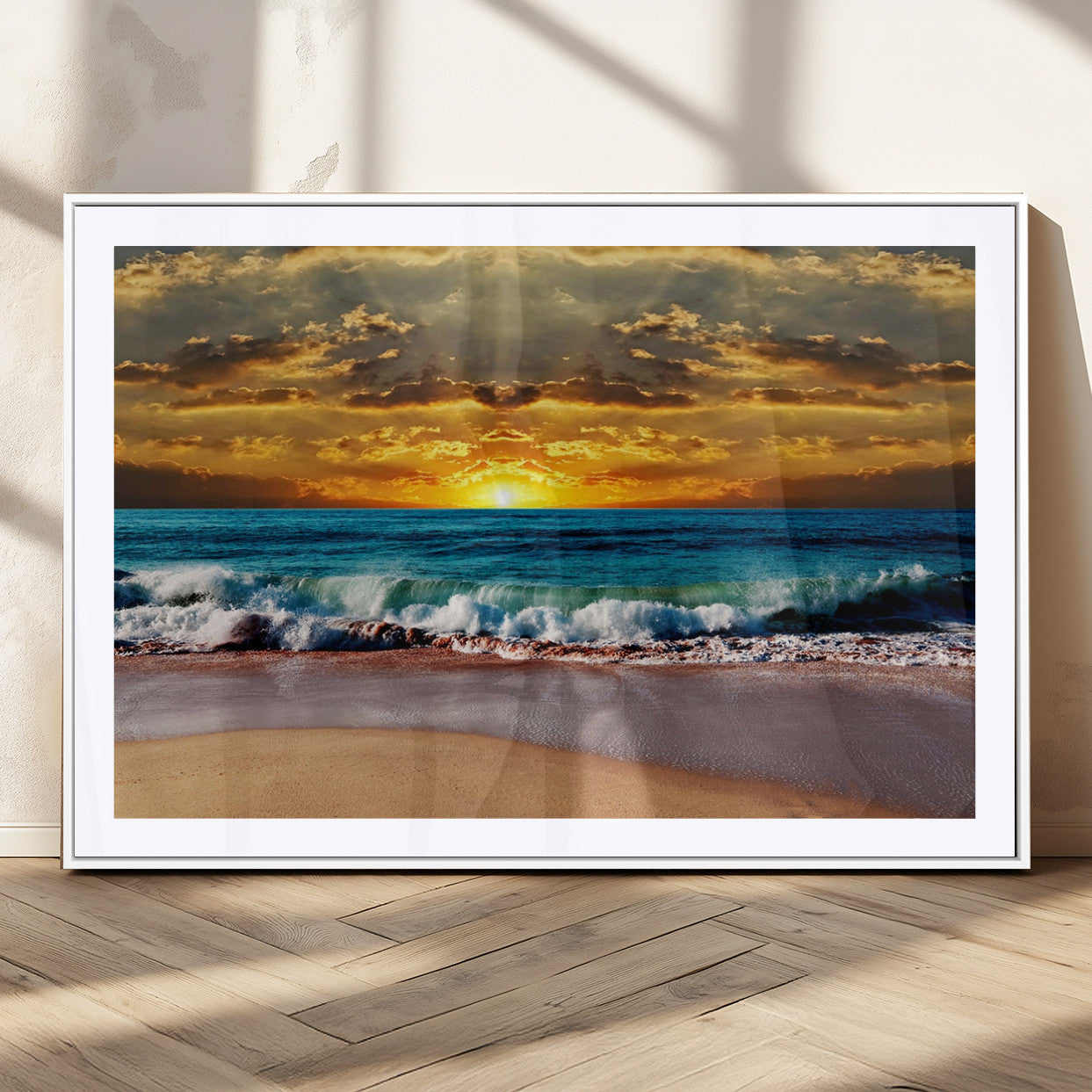 83389-MGC-FP-36x24_White-Ocean Sunrise Over Golden Beach Waves, Giclee Canvas Wall Art Set, High-Quality Stretched Canvas