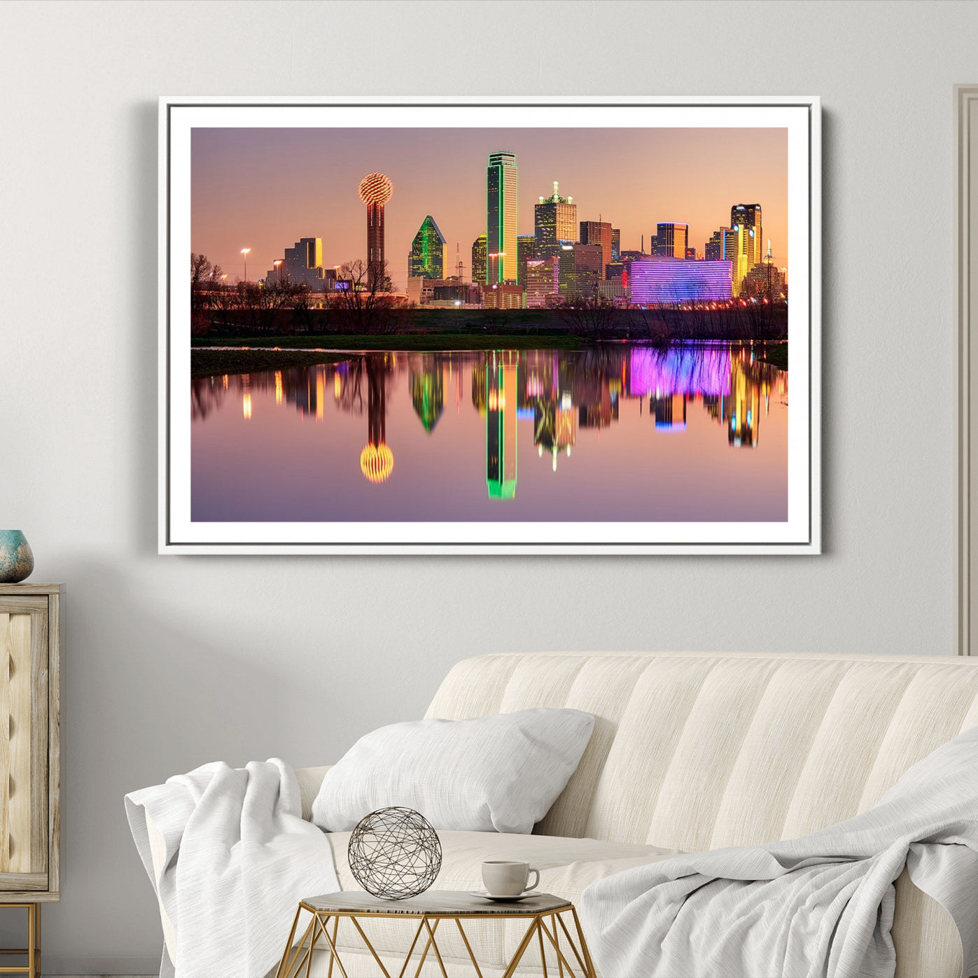 73925-MGC-FP-36x24_White-Colorful Dallas City Lights Night Skyline Wall Art Print Dallas Cityscape Canvas Print Dallas