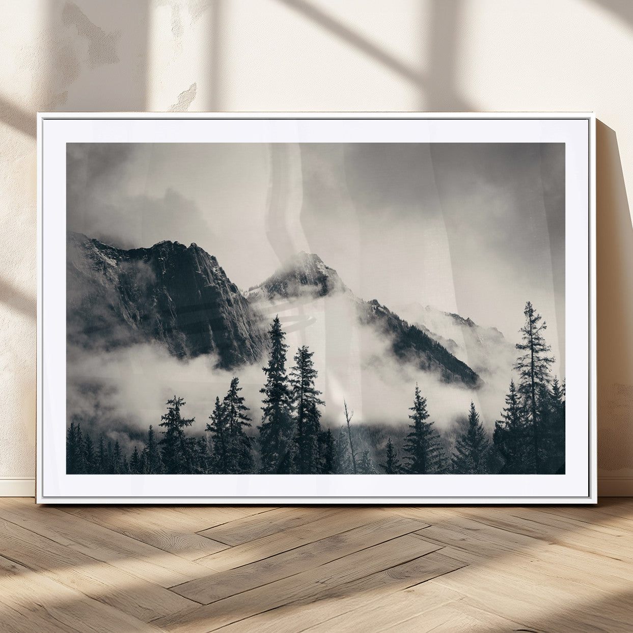 59517-MGC-FP-36x24_White-Large Foggy Mountain Forest Wall Art Canvas Print | Misty Mountain Peaks and Pine Trees Print |