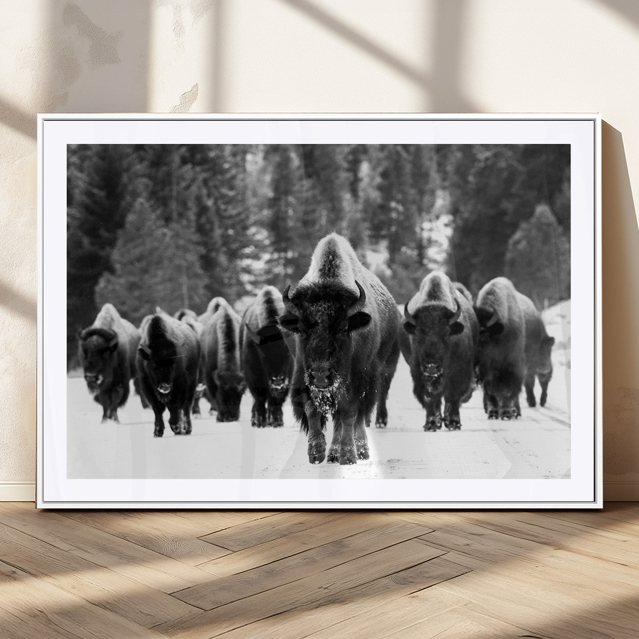 62434-MGC-FP-36x24_White-Bison Herd in Snow Wall Art Canvas Print | Rustic Western Bison Wall Art for Decor for Living Room,
