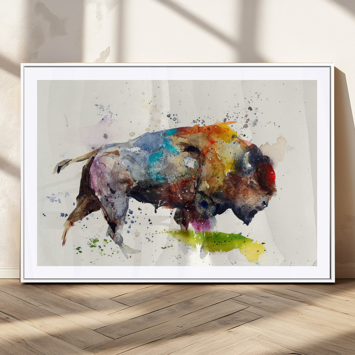 44504-MGV-CV-36X24-Abstract Buffalo Wall Art, Western Watercolor Bison Canvas Print, Rustic Buffalo Art for Cowboy and
