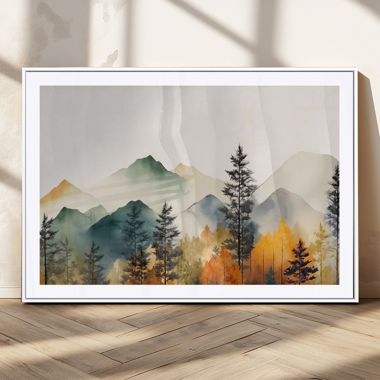 25689-MGC-FP-36x24_White-Abstract Watercolor Mountains and Trees Autumn Wall Art, Mountains and Trees Autumn Wall Art Canvas