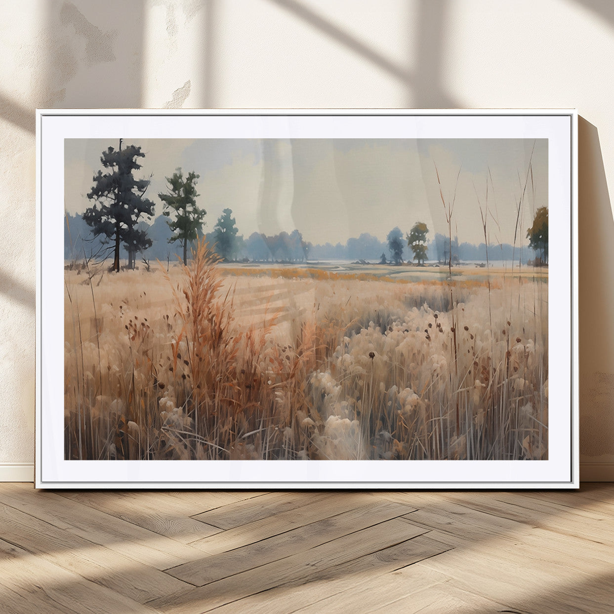 98822-MGC-FP-36x24_White-Golden Fields Canvas Wall Art Print – Serene Landscape of Nature’s Tranquility in Minimalist Modern