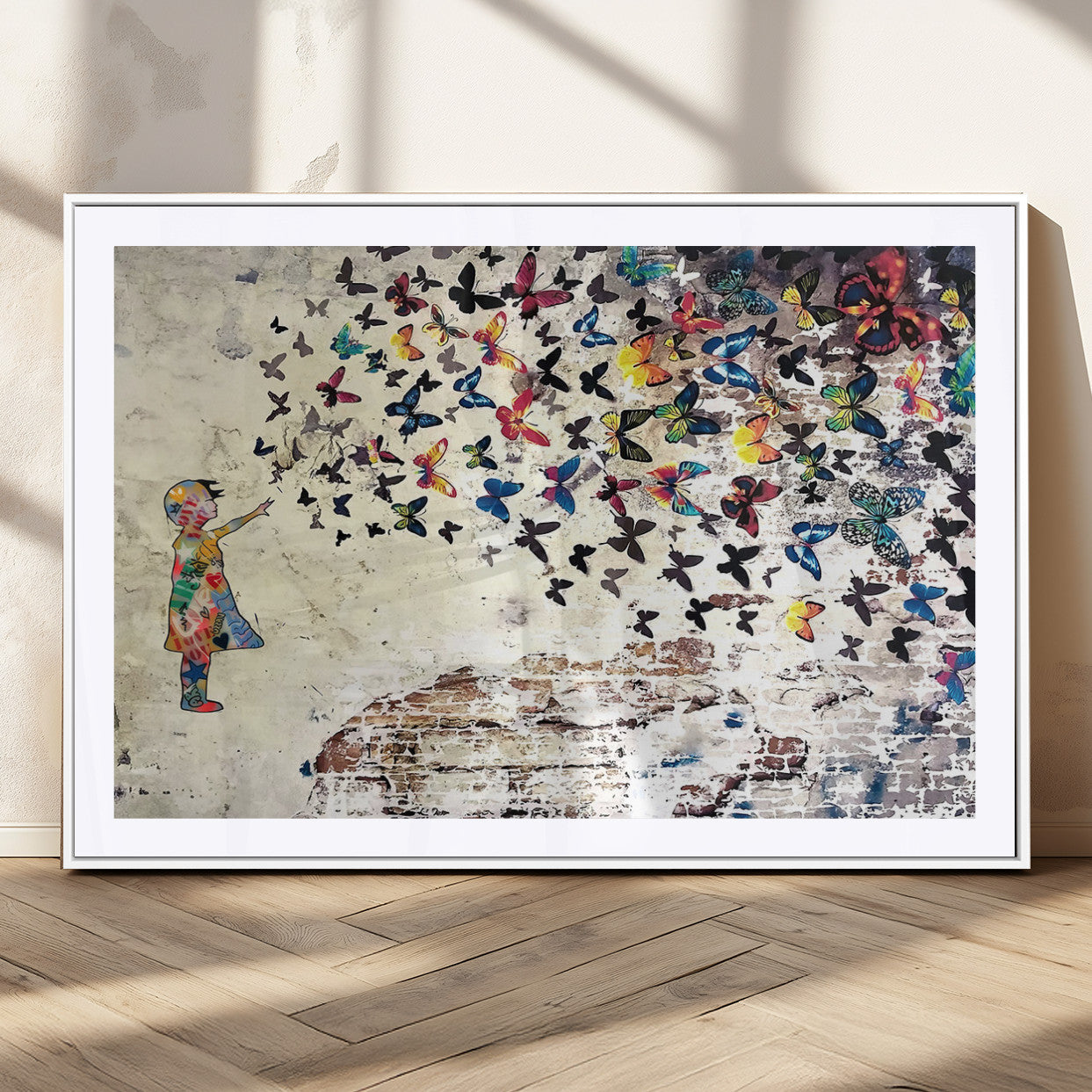 65208-MGC-FP-36x24_White-Banksy Wall Art - Banksy Girl Butterfly Graffiti Wall Art Canvas Print - Butterfly Girl and Freedom